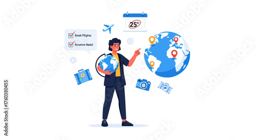 A female travel planner organizes a global trip holding a globe and pointing to world map destinations with travel icons.