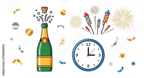 Festive Champagne Bottle Popping with Clock and Fireworks Celebration.