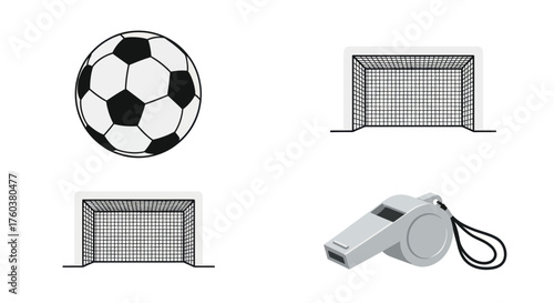 Classic Soccer Game Equipment Set: Football Goalposts and Whistle Illustration.