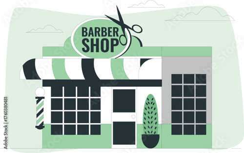 Exterior of a barber shop with striped pole, awning, windows, and potted plant building storefront