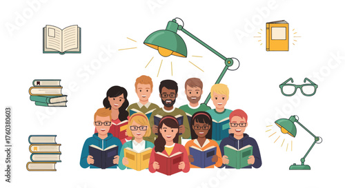 Group of Diverse Students Reading Books Under Lamps.