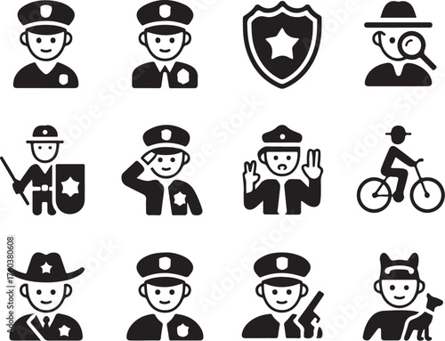 Police icons diverse officers and duties in simple style