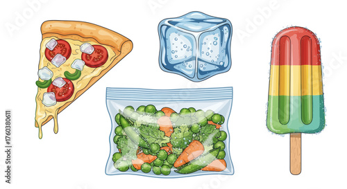 Assortment of frozen food items including pizza ice cubes frozen vegetables and popsicle.
