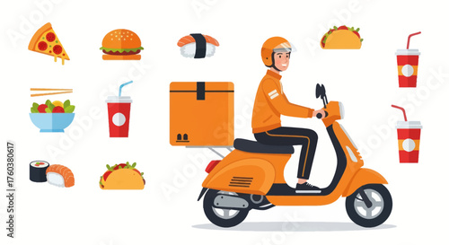 Food Delivery Scooter: Courier on Orange Moped with Takeout Order.
