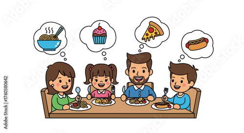 Family Enjoying Meal Together with Food Thought Bubbles.
