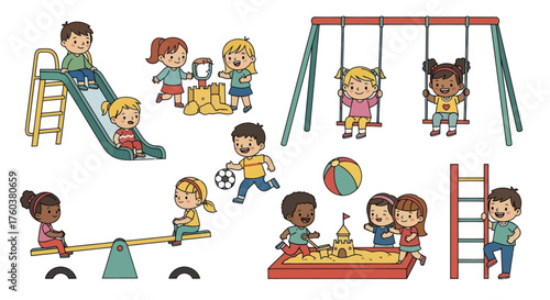 Diverse group of children enjoying various playground activities and games.