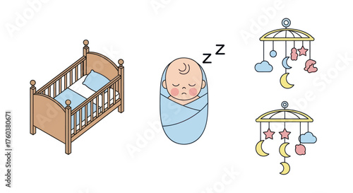 Adorable sleeping baby in a crib with charming mobiles.
