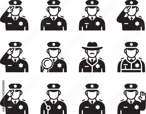 Police icons salute, investigate, and protect citizens