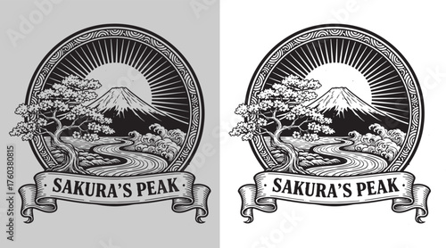 Vintage Engraving Style Mount Fuji and Sakura Tree Landscape with Rising Sun and River
