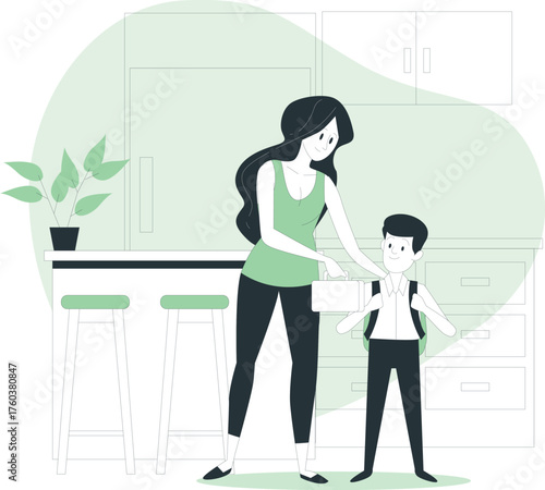 Mother packing a lunchbox for her son before he goes to school with a backpack and kitchen background Keywords: mother, son, school, education, lunchbox, backpack, going to school, morning routine