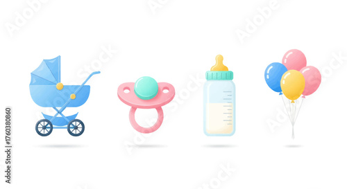 Collection of Baby Items: Stroller Pacifier Bottle Balloons.