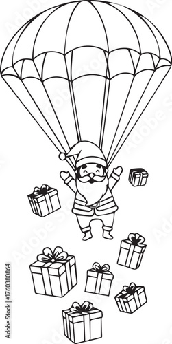 Whimsical illustration of a hot air balloon carrying a cluster of gifts and a small person descending