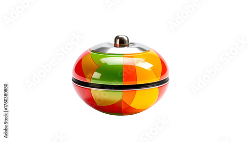 Spherical box with colorful geometric design on a black background