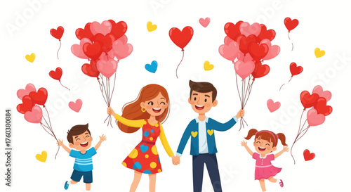 Happy Family Celebrating with Heart-Shaped Balloons.