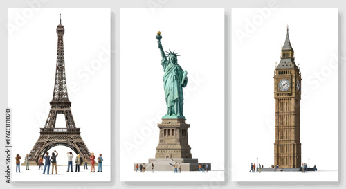 Eiffel Tower Statue of Liberty and Big Ben: Iconic Landmarks Collage.