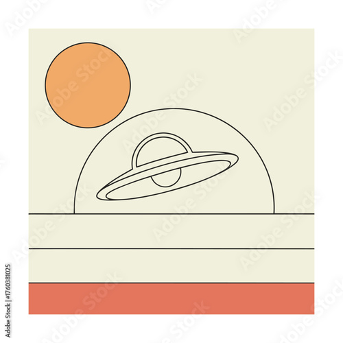 Minimalist illustration of aUFO hovering over a landscape with a sun flying saucer