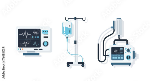 Medical Equipment Set: Monitor IV Drip and Ventilator.