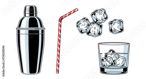 Classic cocktail shaker striped drinking straw clear ice cubes and glass for mixed beverages.
