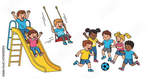 Diverse group of children joyfully playing on a playground slide and kicking a soccer ball.