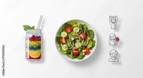 Vibrant Rainbow Fruit Smoothie and Fresh Green Salad with Illustrated Figures.
