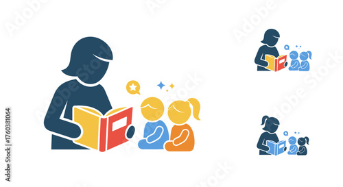 Silhouette of Teacher Reading Book to Children in Classroom.