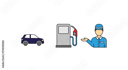Car Gas Pump and Attendant Iconography for Fueling Services.