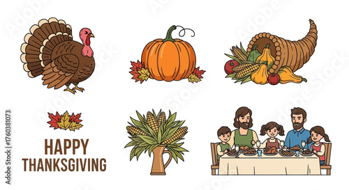 Thanksgiving Holiday Icons: Turkey Pumpkin Cornucopia Corn Family Dinner.