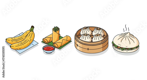 Assortment of Asian and Tropical Foods: Bananas Spring Rolls Dim Sum and Bao.