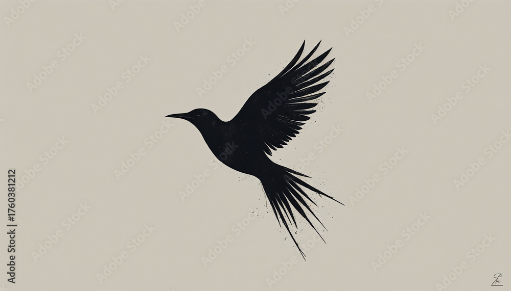 Fototapeta premium Silhouette of a Flying Crow in Mid-Flight with Textured Feathers on Neutral Background