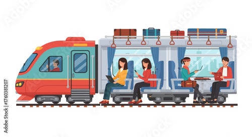 Colorful train with passengers traveling inside its carriages.