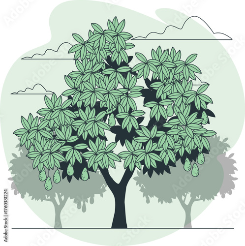 Illustration of a mango tree laden with ripe mangoes and lush green leaves with distant trees and clouds Keywords: mango tree, fruit tree, mangoes, ripe fruit, green leaves, orchard, agriculture