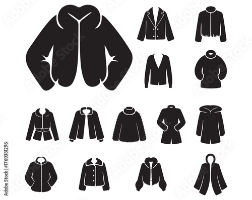 Winter Jacket Silhouette Vector Pack – 14 Unique Coat and Sweater Icons for Design.