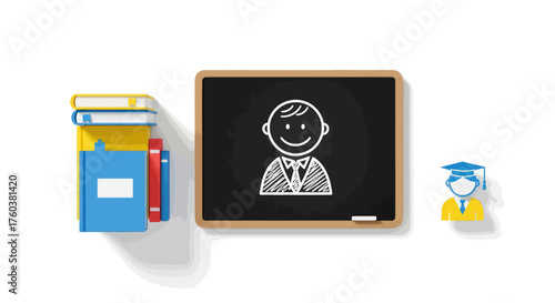 Educational concept with blackboard chalk drawing of teacher books and graduation icon.