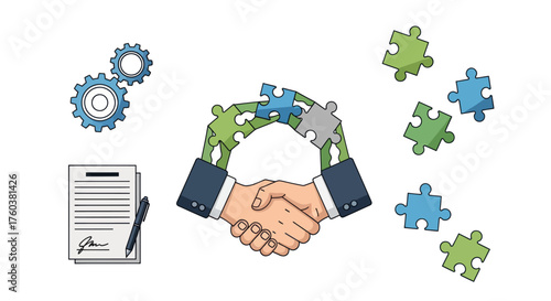 Business Handshake with Puzzle Pieces and Gears Illustration.