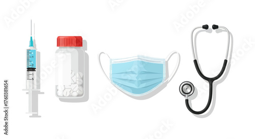 Essential Medical Supplies Set: Syringe Pill Bottle Face Mask and Stethoscope.