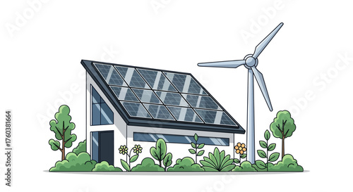 Hand-drawn illustration of an eco-friendly house with a solar panel roof and wind turbine.