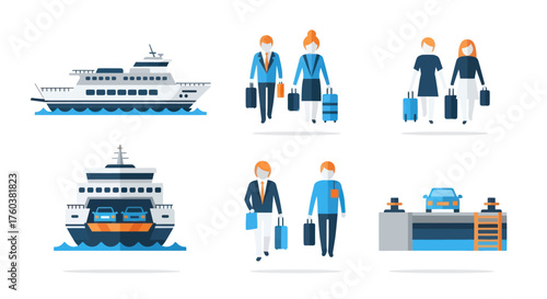 Vector Illustration of a White Passenger Ferry Boat with Blue Accents.