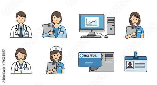 Collection of Medical Professionals and Hospital-Related Icons.