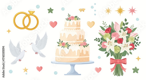 A charming collection of wedding celebration icons featuring a cake rings doves and a floral bouquet.