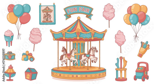 Colorful Carnival and Fairground Attractions with Carousel and Balloons.