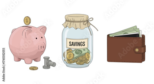 Piggy Bank Savings Jar and Wallet with Money: Financial Savings Concept.