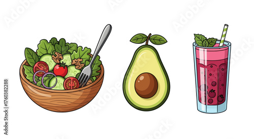 Fresh Salad Bowl Sliced Avocado and Refreshing Berry Smoothie Illustration.