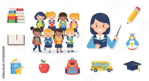 Diverse School Children Teacher and Education Supplies Collection.