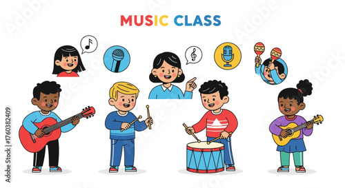 Diverse Children Enjoying Music Class with Instruments and Musical Notes.