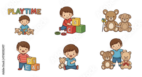 Adorable Cartoon Boy Playing with Teddy Bears and Blocks.
