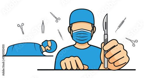 Cartoon Surgeon Holding Scalpel Patient and Surgical Tools.
