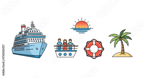 Cruise Ship Ocean Sunset Passengers Lifebuoy and Palm Tree Island Icons.