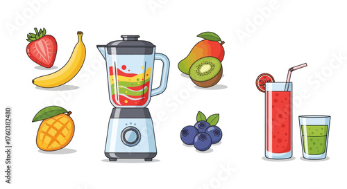 Colorful cartoon set of a blender fresh fruit ingredients and glasses of smoothies.
