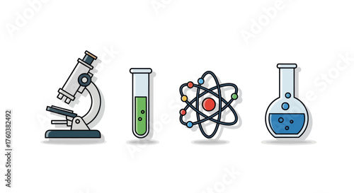 Flat Design Science Laboratory Equipment and Atom Icons.