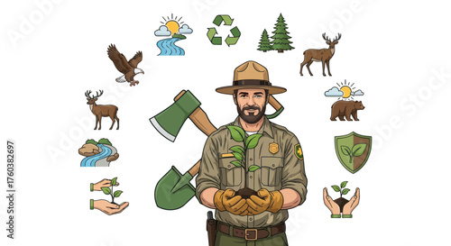 Park Ranger Holding Soil Surrounded by Nature Icons.